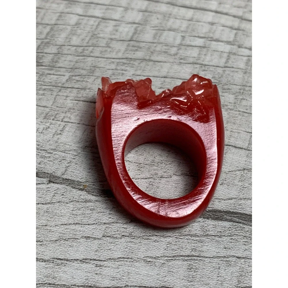 Red Resin Textured Statement Ring Chunky Crag Top Cocktail Ring Size 7.5
